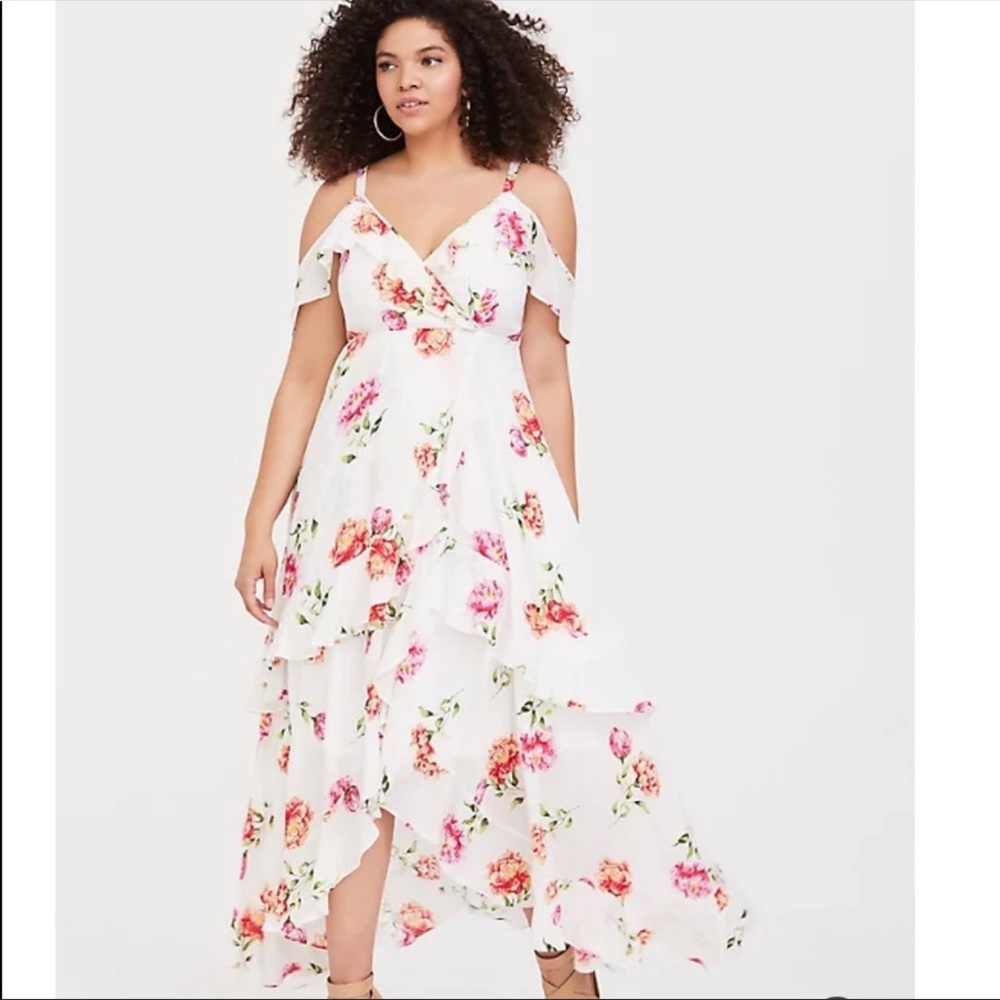 TORRID White Floral Flounce Challis Maxi Dress